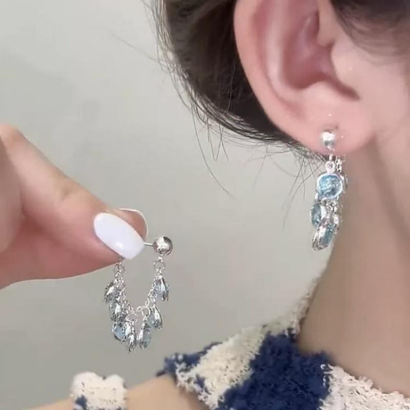 Geometric Circle Blue Zircon Earrings For Women Girl Fashion Shiny Crystal Wedding Stud Earrings Birthday Zircon Gifts