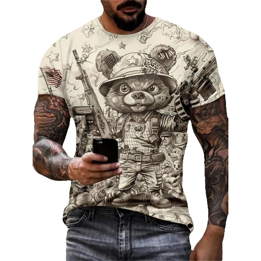 Summer Men Street Casual Clothing Vintage 3D Funny Animal Print Short Sleeve O Neck Oversized