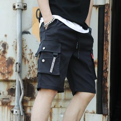 Summer Men Elastic Waistband Drawstring Shorts Multi Pockets Solid Color Straight Wide Leg Mid-rise Sport Cargo Shorts Streetwear