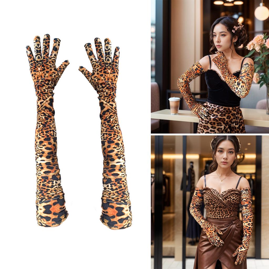 Elegant Opera Gloves Women Dancing Dress Gloves Evening Party Ceremony Gloves with Leopard Pattern for Formal Occasion