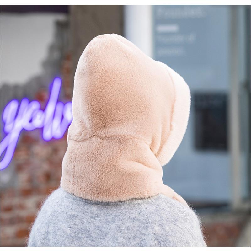 Women Winter Hood Thick Plush Scarf Hat Set Outdoor Ski Windproof Warm Headgear Solid Color Fluffy Fur Female Earmuffs Cap
