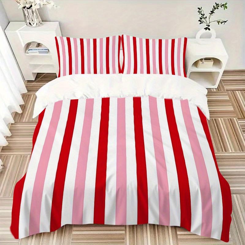 Juego de Ropa de Cama Estampada con Rayas Rojas de 3 Piezas, Transpirable y Suave, Lavable a Máquina, Regalo de Navidad, Adecuado para Decoración de Dormitorio, 15172