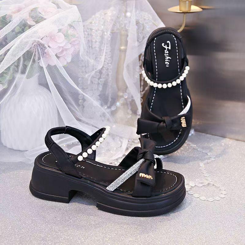 2025 new summer sandals for women are comfortable to wear, thick-soled soft-soled with skirts, bows, Roman beach shoes for women