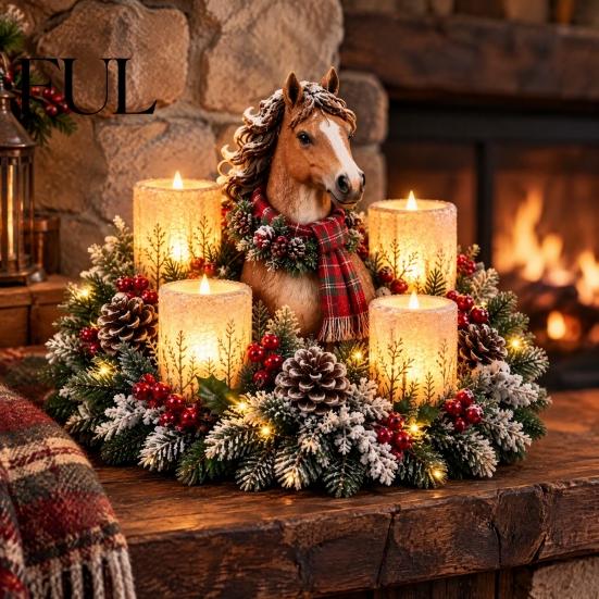 Christmas Party Supplies Lighted Highland Cow Table Centerpiece, Resin Flickering LED Flameless Candles, Frosted Pinecone Displays Pine Red