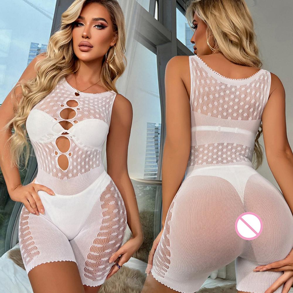 Sexy Fishnet Bodysuits Hot Women Mesh Bodystockings Yellow Lingerie Erotic Jumpsuit Ladies Porn Costume Crothless Tighties