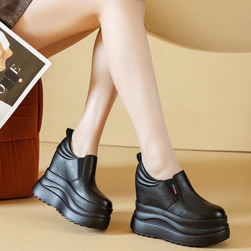 Super High Height Increasing Shoes 13cm Genuine Leather Women Flat Platform Black White Shoes Brand Ladies Casual Shoes Small Size 33