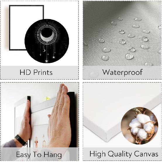 ORIGACH Moon Phases Wall Art Prints, Set of 6, Minimalist Boho Moon Phase Star Witch Wall Prints, Stars Cat Celestial Witch Art Canvas Painting,