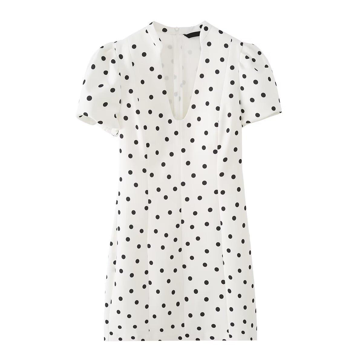 European and American style, new women s clothing, foreign style, bubble short-sleeved V-neck polka dot short dress. XS