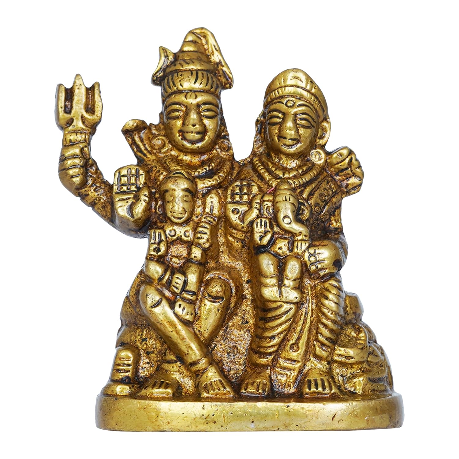 Golden Brass Shiv Parivar Murti, Ganesha Kartikeya Shiva Parvati Idol, Brass