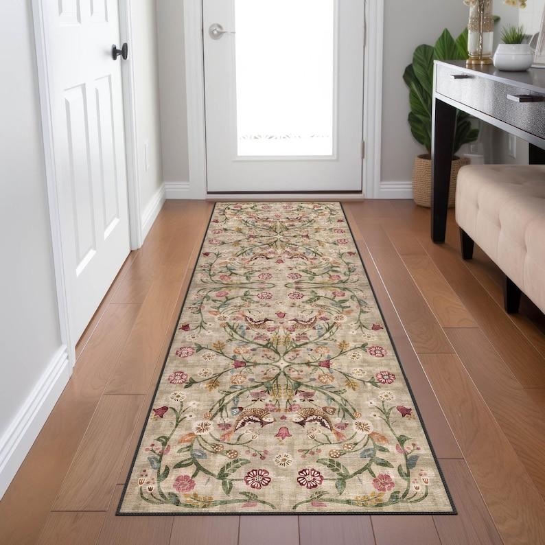 Boho Chic Türkischer Traditioneller Floraler Teppich Waschbar Rutschfest Groß Distressed Bereichsteppich für Wohnzimmer Schlafzimmer Dekor