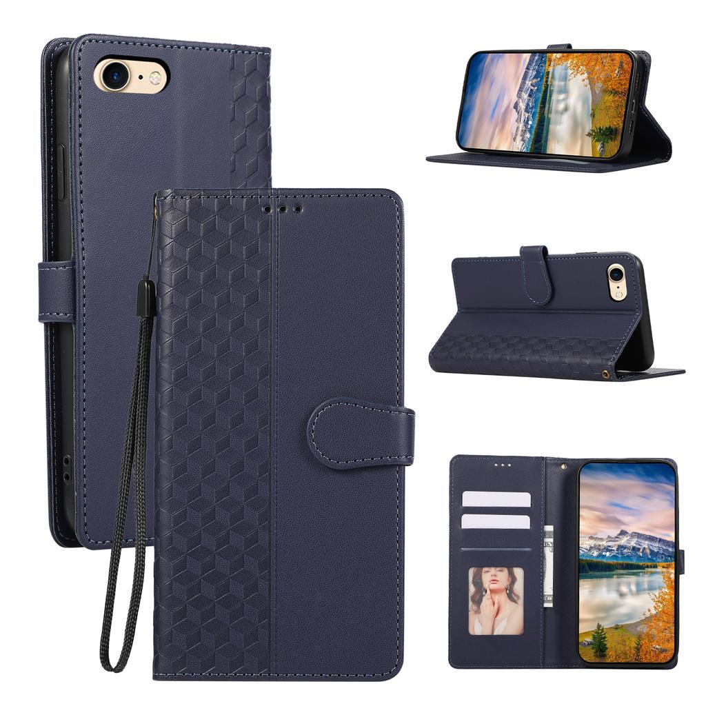 For iPhone 16e Case 3D Rhombus Grid Imprinted Wallet Leather Phone Cover with Lanyard