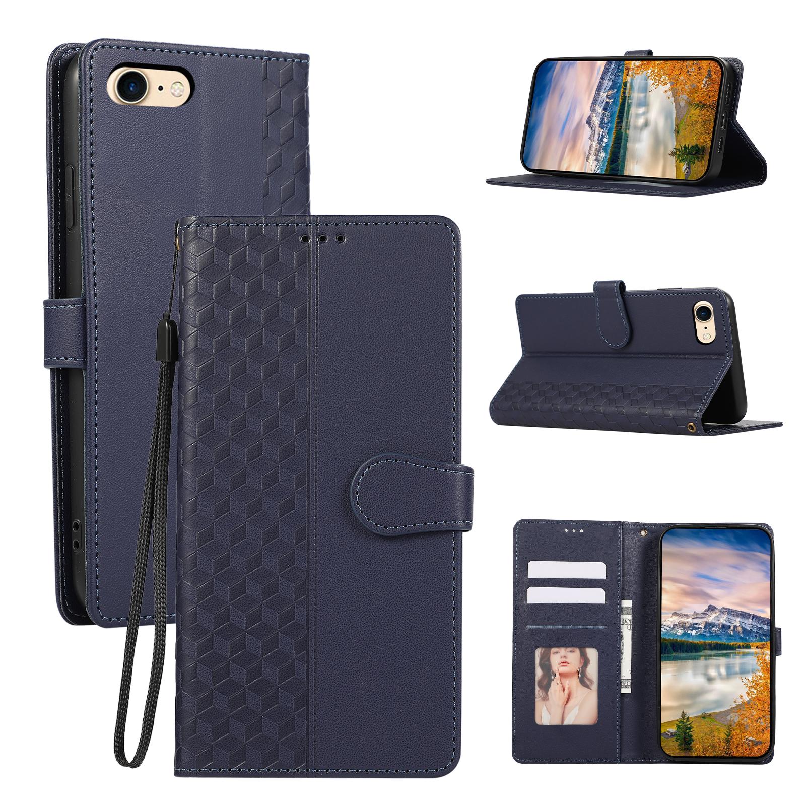 

For iPhone 16e Case 3D Rhombus Grid Imprinted Wallet Leather Phone Cover with Lanyard Blue