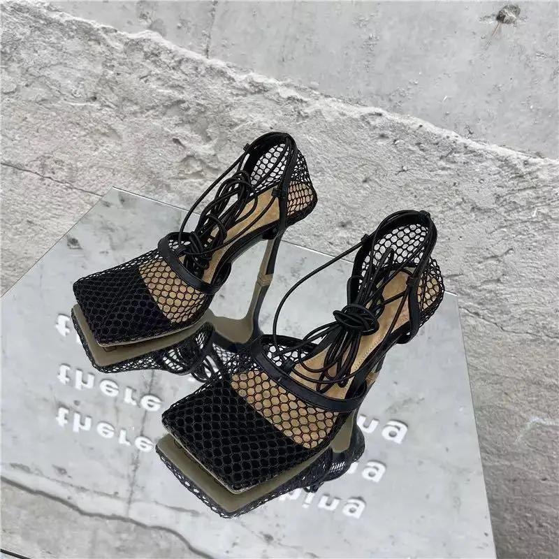 2025 Summer Sexy Mesh Pumps Sandals Female Square Toe High Heel Lace Up Cross-Tied Stiletto Hollow Dress Party Shoes 43