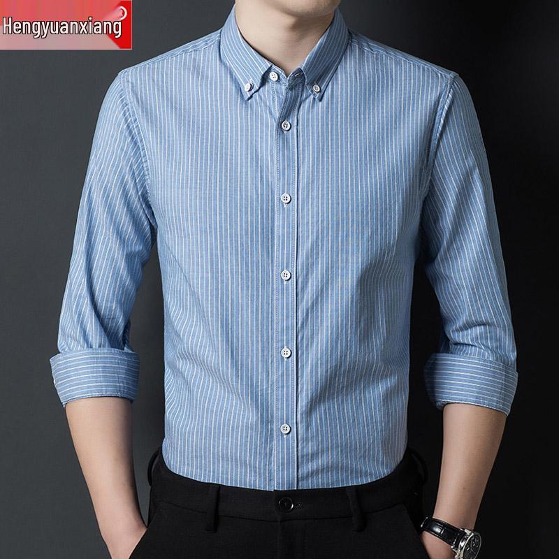 Hengyuanxiang Men's Non-Iron Striped Cotton Long-Sleeve Shirt - Spring & Autumn Casual Loose Fit