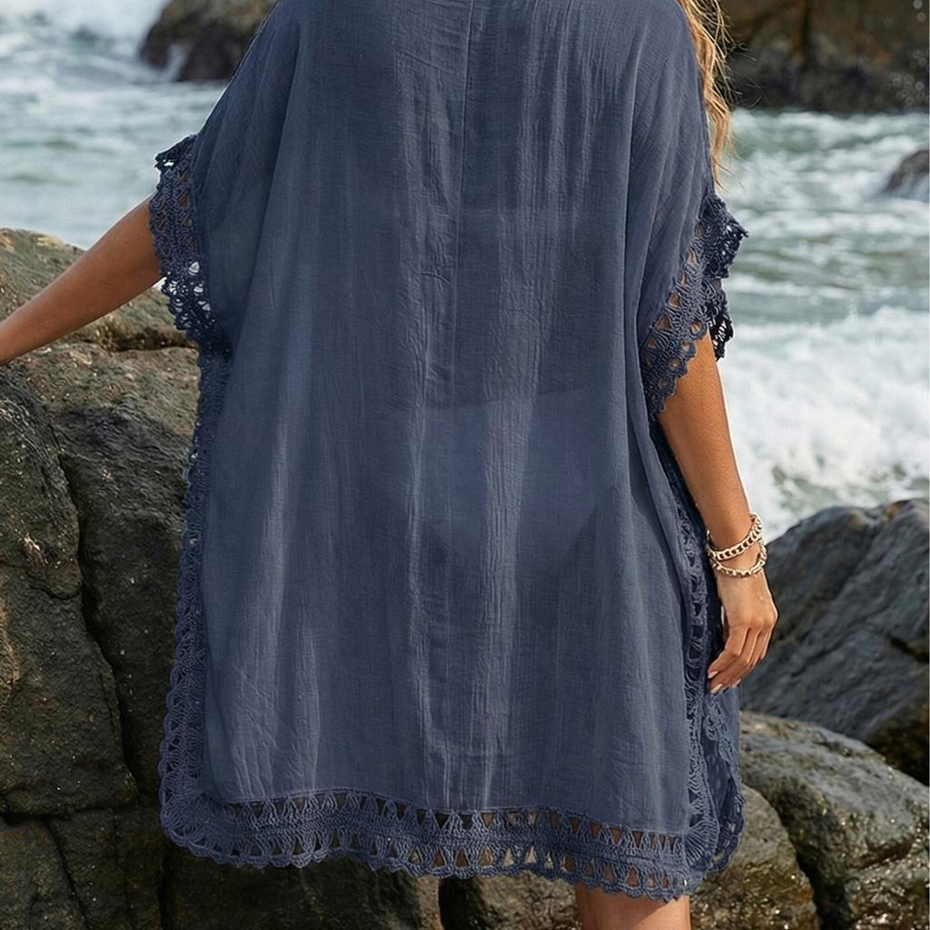 Vestito, Abito da Spiaggia, Abbigliamento Donna, Motivo all'Uncinetto, Patchwork, Coulisse, Top Bikini da Spiaggia Largo