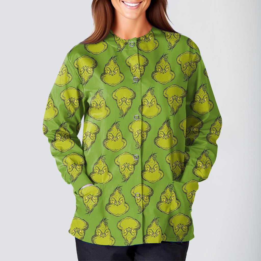 Women's Casual Fashion Long Sleeve Standing Collar Single Breasted Christmas Print Workwear Jacket Tops