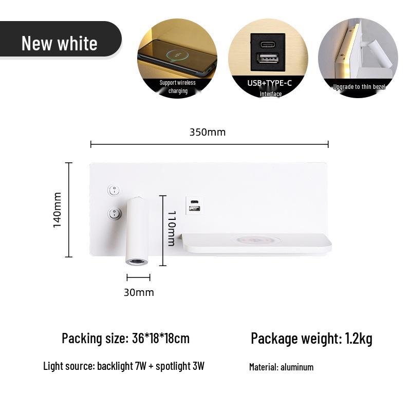 Minimalist LED Bedside Wall Light with Wireless Charger & USB Reading Light