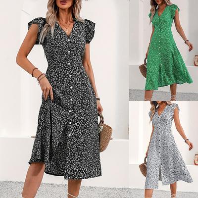 European and American Women's Clothing Waist Swing Dress, Small Floral Medium and Long Dress, Short-sleeved Button V-neck Dress
