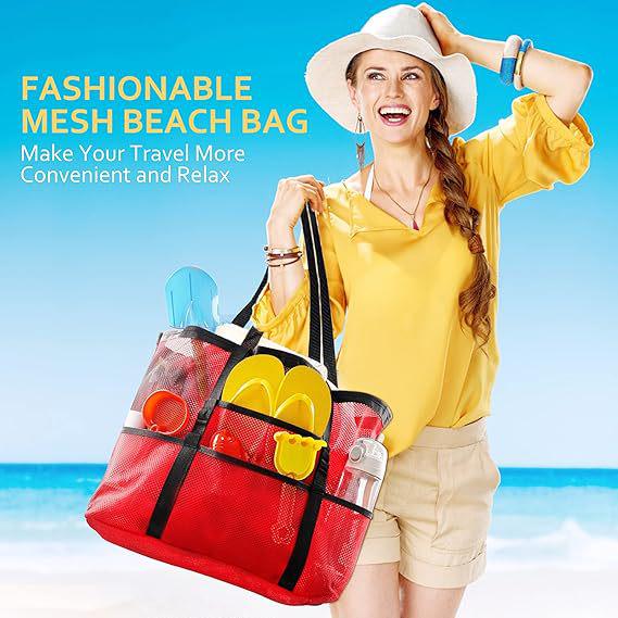 Mesh Beach Bag with 8 Pockets - Large Capacity Travel & Toy Storage Bag