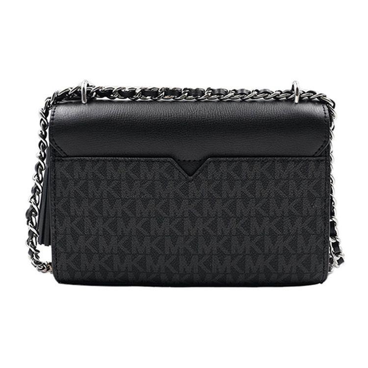 Michael Kors MK Rose Vintage Floral Print Tassel Chain Flap Commuter Leather Shoulder Crossbody Bag Medium Women Bags Black 35T0SXOC1B-001