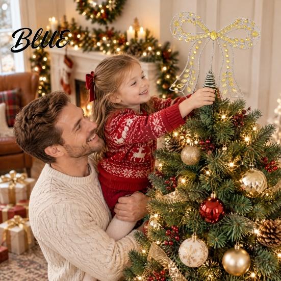 Light Luxury Holiday Rhinestone Hollow-Cut Christmas Tree Iron Bow Party Decor Topper Gold Metal Modern