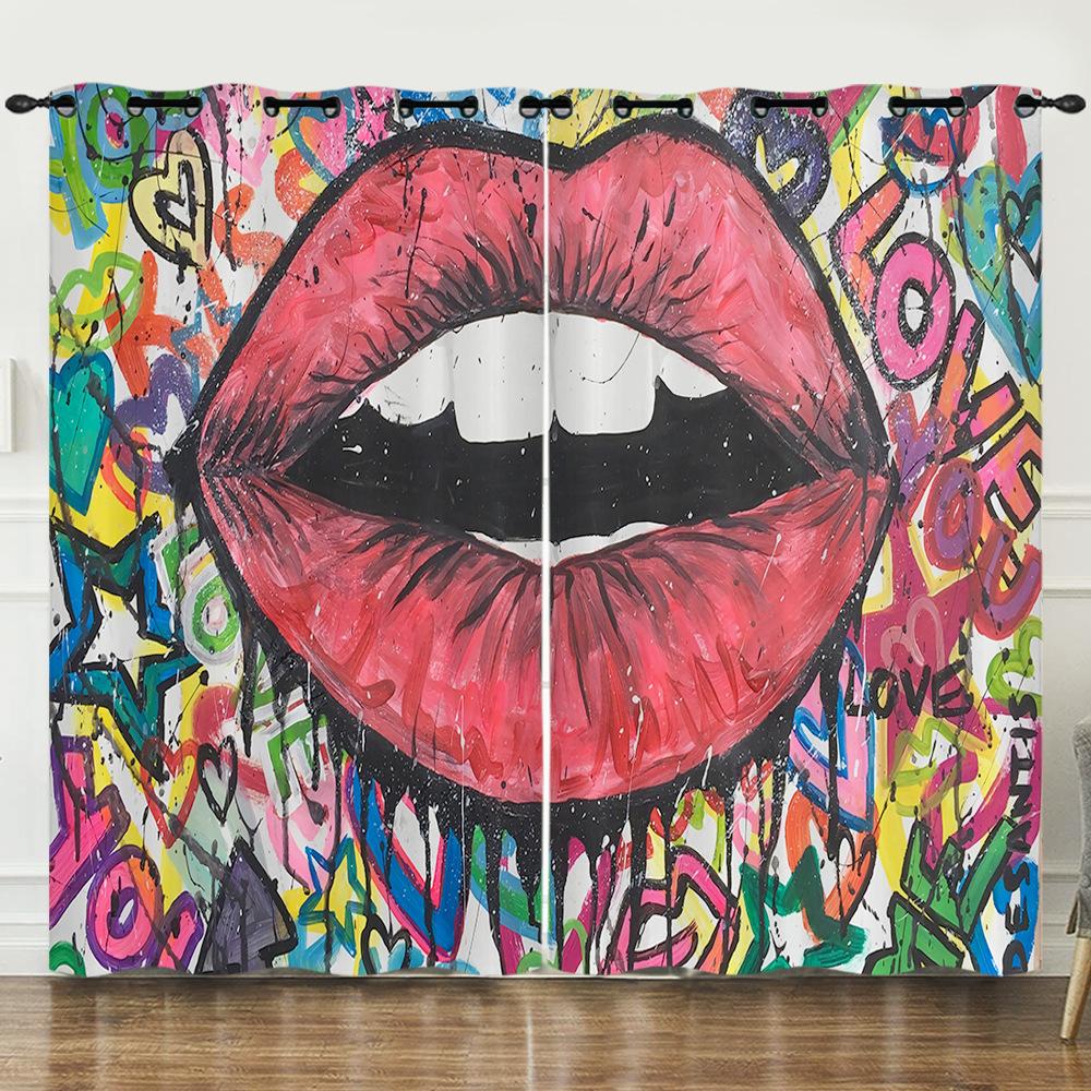 Curtains Sexy Lips Red Lips Oil Painting 3D Digital Printing Blackout Curtain Punching