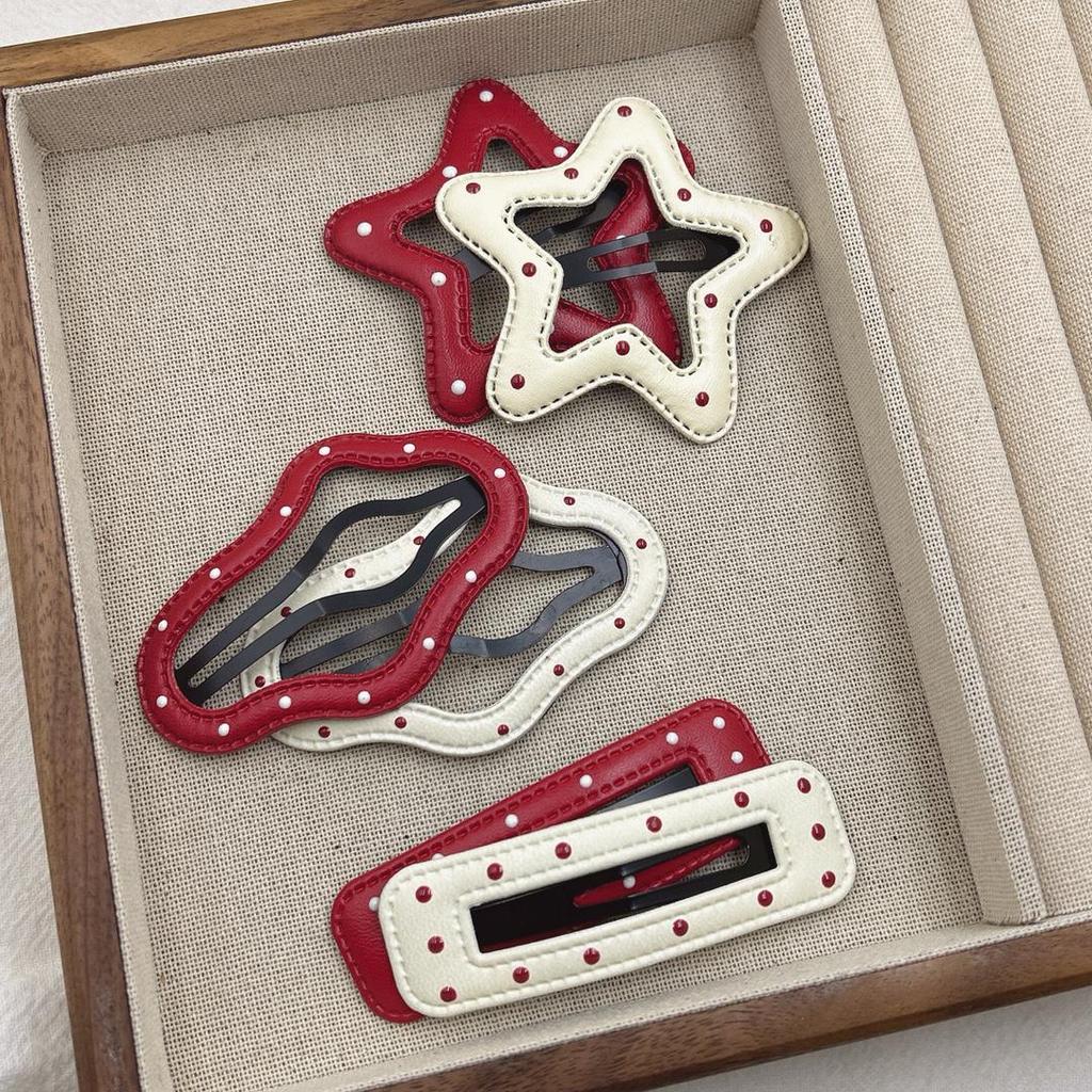 Ancola Red Polka Dot Leather Hair Clip for Women & Babies - Side Bangs, Autumn/Winter Star Headdress