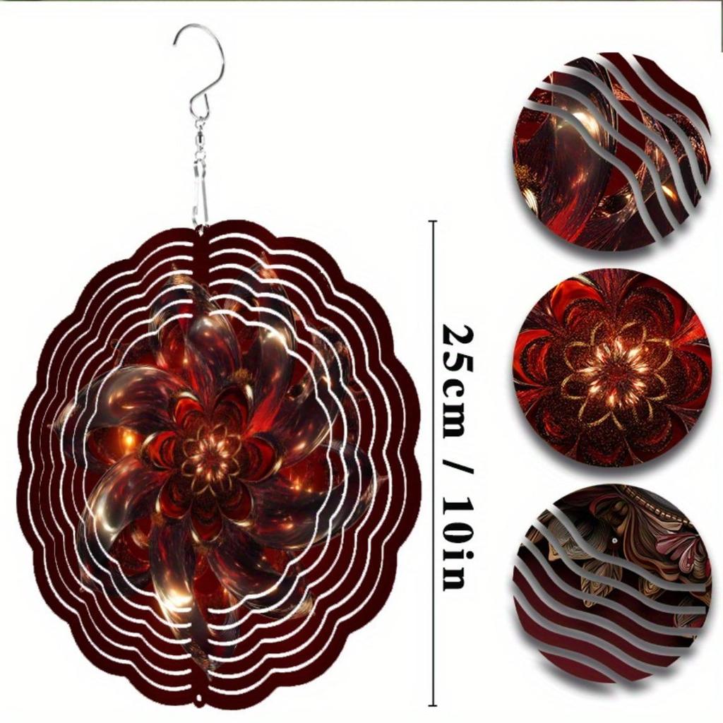 Deep Red Golden Floral Wind Spinner 10 Inch Metal Garden Decor for Outdoor All Seasons 360 Degree Hanging Hook Creative Gift