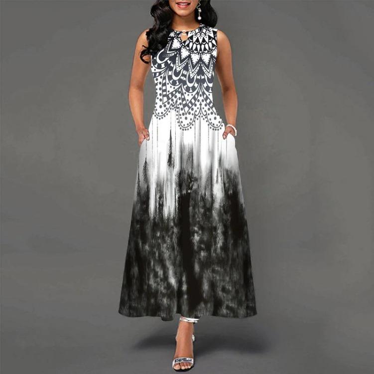 Lato 2022 Damska Sukienka Maxi Bez Rękawów z Nadrukiem z Dekoltem w Serek