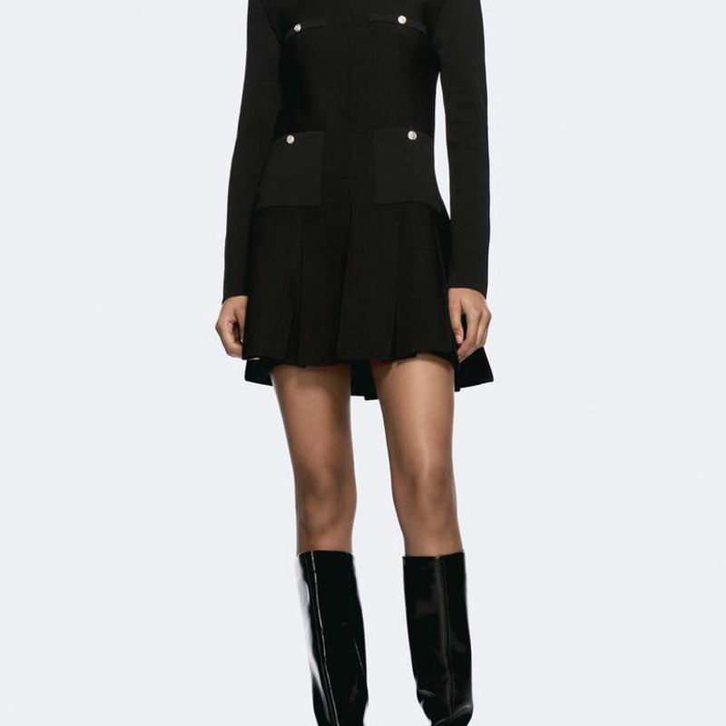 Spring New Arrival Women's Clothing Fashion Style round Neck Long Sleeves Button Decoration Wide Pleated Knitting Short Dress 3859126