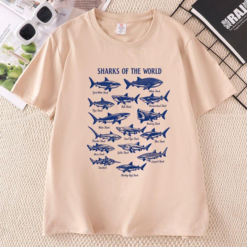 Vintage Sharks of The World T Shirt Ocean Nature Graphic Tee Cotton Short Sleeve Printed Tshirts Casual Unisex Clothes Tops