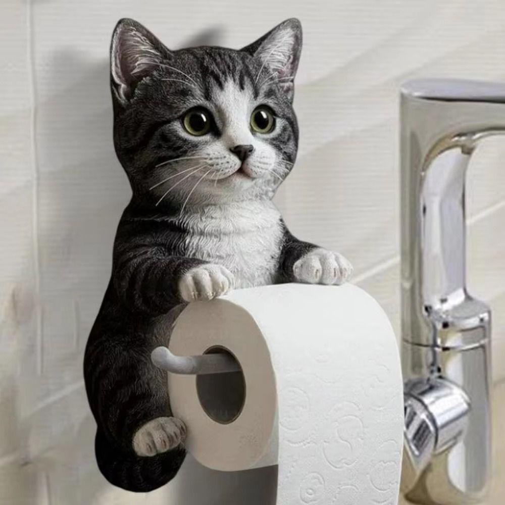 3D Cat Shape Cat Toilet Paper Holder Resin Hanging Paper Towel Stand  Bathroom Decoration