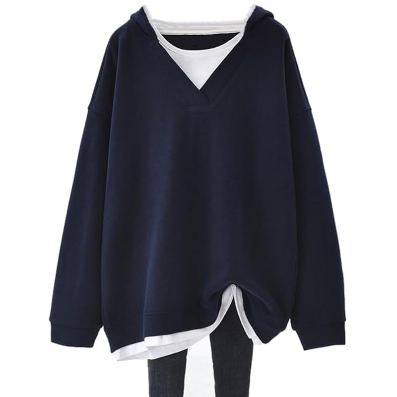 

[Lopis] hoodie ladies sweatshirt long sleeve switching layered style Relaxing simple Thin large size body shape cover cute Dress slimmer (JP,
