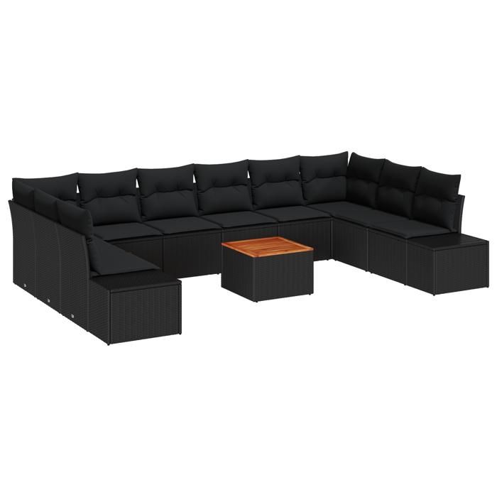 VidaXL Ensemble de canapé de jardin 11 pièces avec coussins Noir Poly Rotin Acacia 3356679