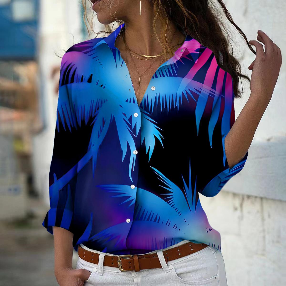 

Подводный мир Принт Женская Блузка Весна Осень Femme Офисная Дама На Пуговицах Рубашки С Отложным Воротником 6XL синий