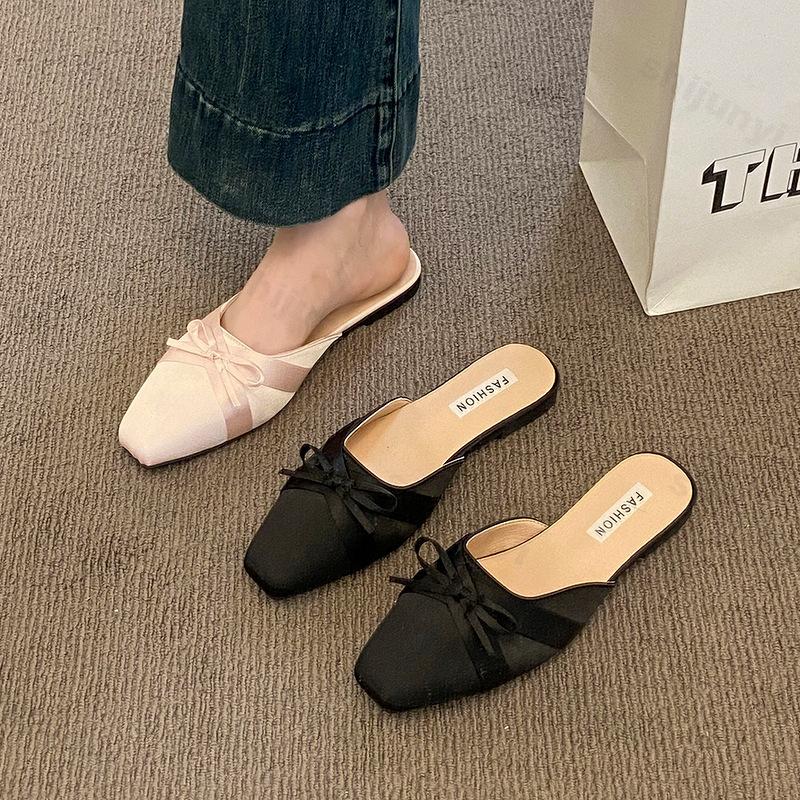 Fashion Woman Flat Shoes Female Cover Toe Ladies Slippers Slides Butterfly-Knot Slipers Women Designer Square Toe 2025 Half Slippers