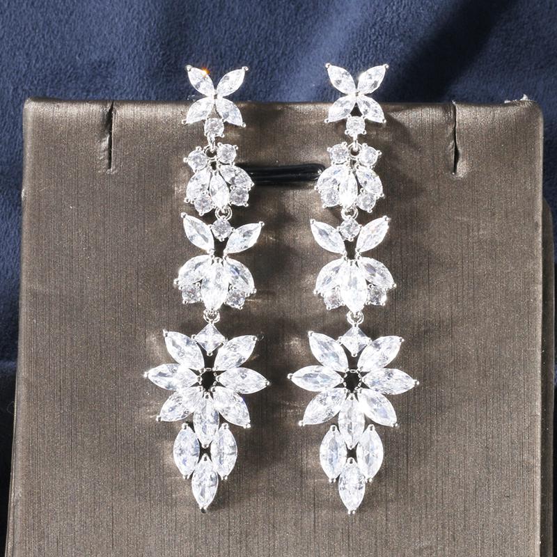 Luxury Leaf Marquise Zircon Long Drop Dangle Earrings Shiny AAA Cubic Zirconia Bridal Women's Wedding Party Zircon Accessories
