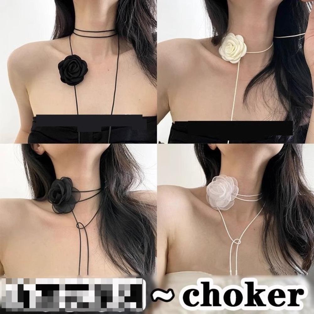 Black and white flower necklace rose choker neck flower neckband necklace female neck collar camellia clavicle chain