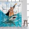 Lustige Katze reitet auf Dinosaurier Duschvorhang Süßes Tier Surfbrett Meereswellen Japanische Landschaft Kinder Badezimmervorhänge Badezimmer Dekoration