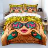 Retro Pop Art Woman with Glasses Bedding Set for Kids Luxury Gift 3pcs Digital Print Comforter Set Soft Comfortable Breathable