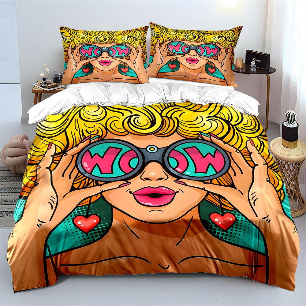 Retro Pop Art Woman with Glasses Bedding Set for Kids Luxury Gift 3pcs Digital Print Comforter Set Soft Comfortable Breathable