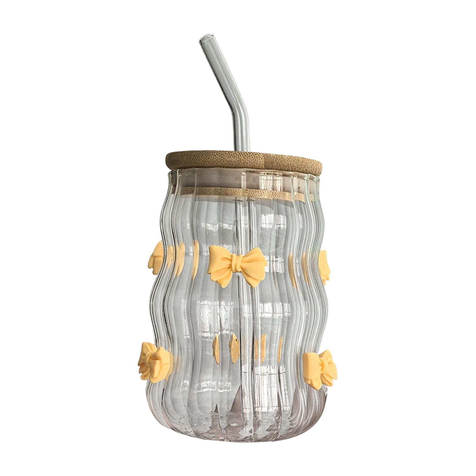 Bowknot Glasses Ribbed Glass Cups With Lids Straws And Bow For Iced Coffee 15oz Ideal Wavy Coffee Cups With Straws Glass Clear Ribbed Glasses One Size жёлтый