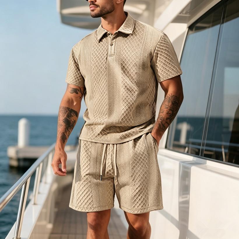 2026 Summer Fashion Sports Style Short Two Piece Set Men's Casual Solid Color Jacquard Short Sleeves Pullover POLO Shirt Shorts 2 Piece Sets