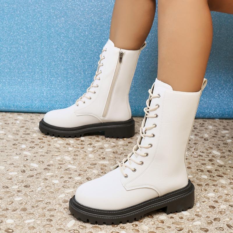 Mode Mode Schnürung Reißverschluss Mid-Calf Stiefel für Damen Herbst Winter 2025 Solide Plattform Moderne Stiefel Frau Quadratischer Absatz Botas Mujer