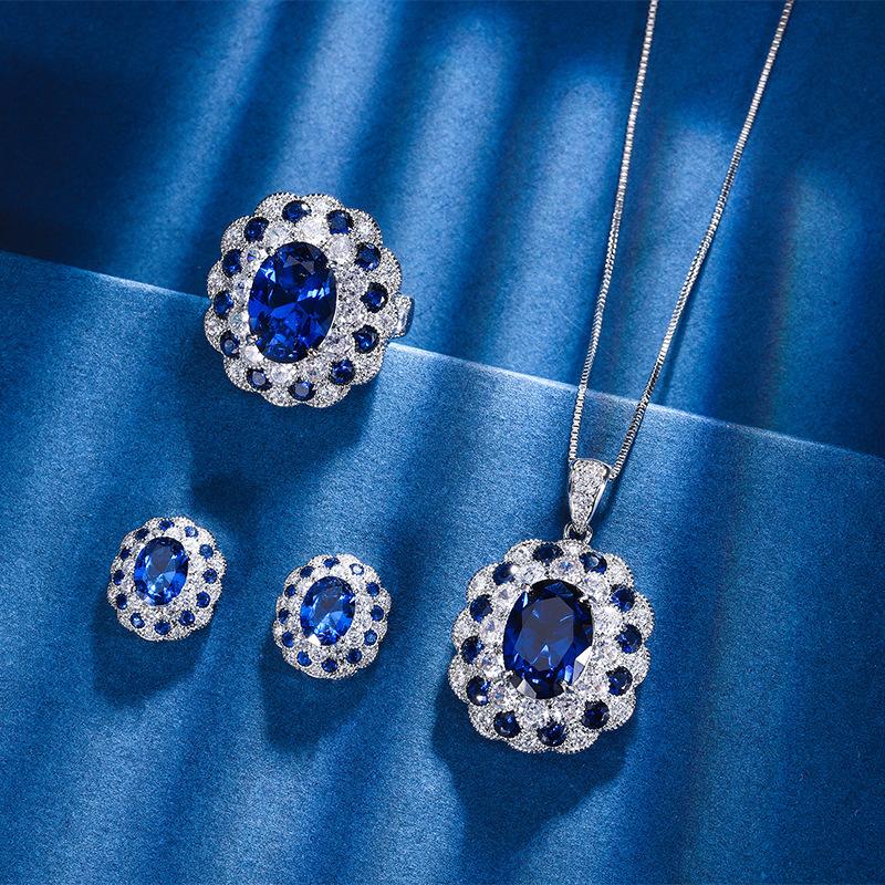 Autumn And Winter Jewelry Copper Bottom Gold-Plated Simulation Blue Spinel Temperament Egg-Shaped Set 10 * 14-6 * 8