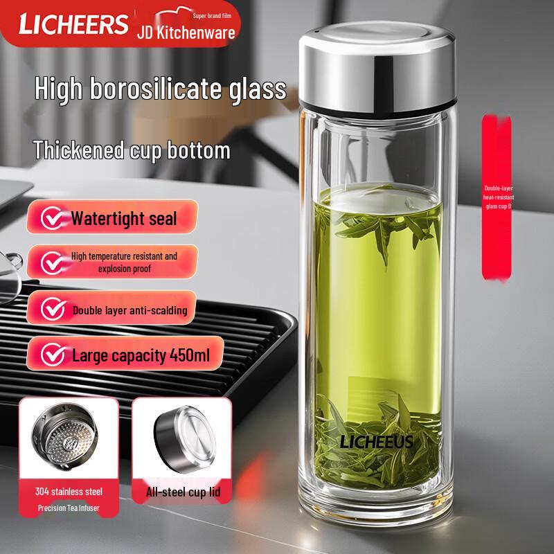 LINGCHEN Double-Wall Glass Tea Bottle with Infuser