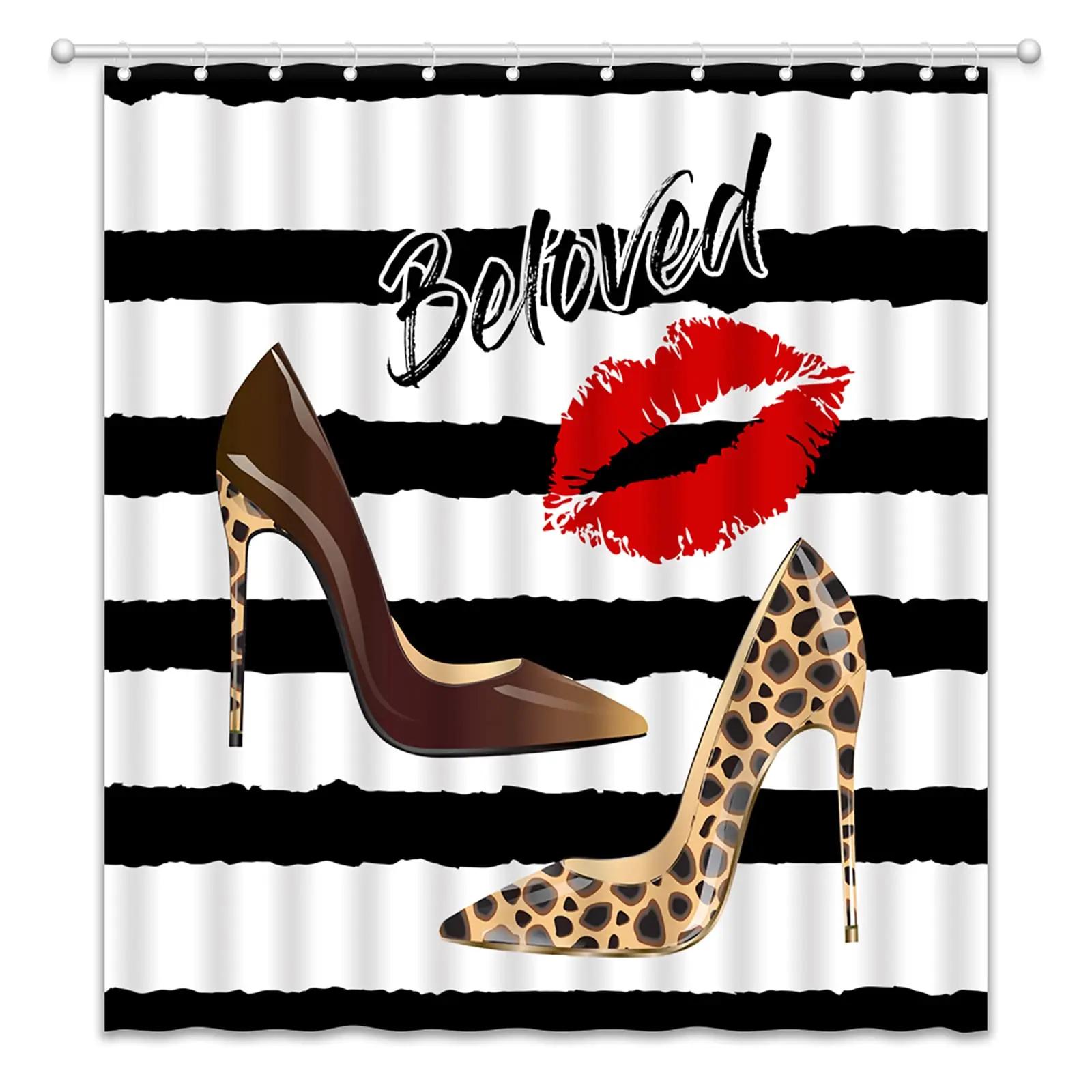 

Diamonds Silver Gray High Heels Shoe Shower Curtain Modern Fashion Girl Black Bathroom Sets Waterproof Polyester Fabric W60H190(CM)-1 Pcs
