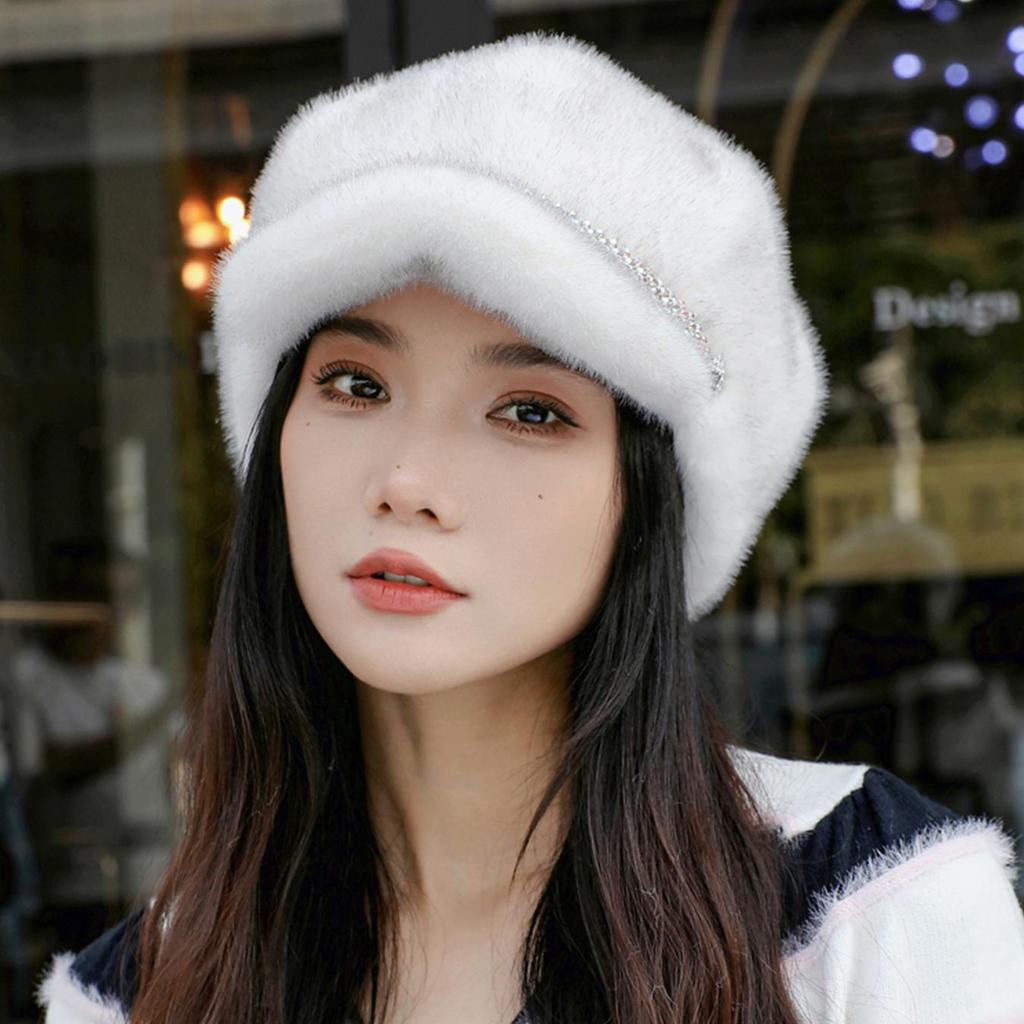 Luxury Faux Mink Fur Beret with Visor for Women, Winter Double Warmth Cotton Lined Hat, Stylish Outdoor Peaked Beret