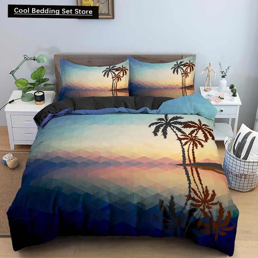 Tropical Coconut Palm Tree King Queen Duvet Cover Hawaii Seaside Sunset Bedding Set Sunrise Plant 2/3pcs Polyester Quilt Cover