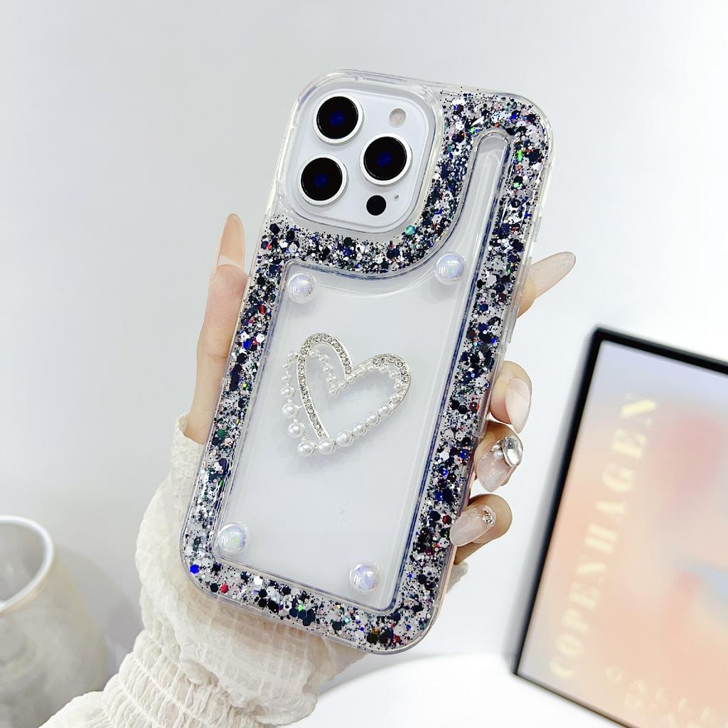 For iPhone 16 Pro Case with Pearl/Dual Heart Decor Glitter Rhinestone Epoxy Design TPU Phone Cover